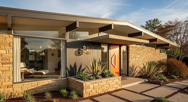 Mid-Century Modern Residence with Stone Accents and Orange Door