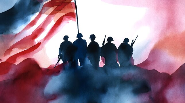 Patriotic soldiers silhouette against waving American flag watercolor illustration evokes respect