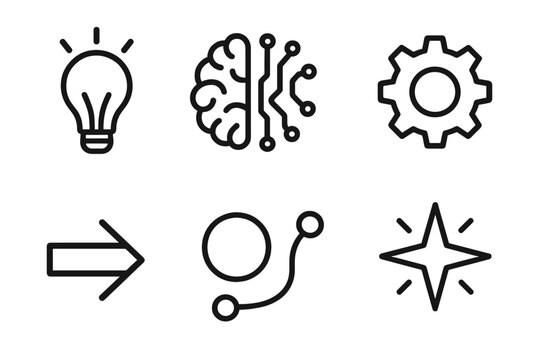 Innovation Icon Set. Innovation Mindset in Tech Essentials linear icon set: lightbulb, circuit brain, gear icon, idea spark, forward arrow, clarity dot, path line, innovation star - Powered by Adobe