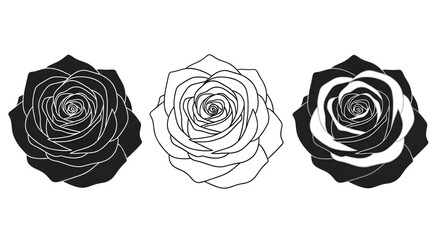 Three Stylized Roses in Black and White flower outline