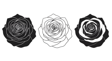 Three Stylized Roses in Black and White flower outline