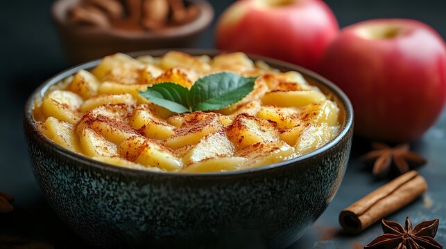 Homemade apple pie porridge in ceramic bowl with cinnamon sticks, star anise and fresh red apples on dark background, garnished with mint leaf.