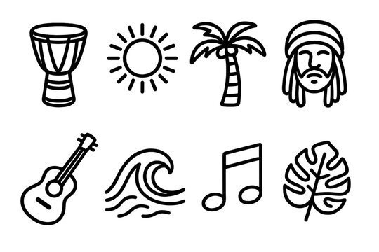 Reggae Icon Set. Rasta music set concept linear icon set: reggae drum, sun, palm tree, dreadlocks head, guitar, wave, musical note, tropical leaf , warm rhythmic outline