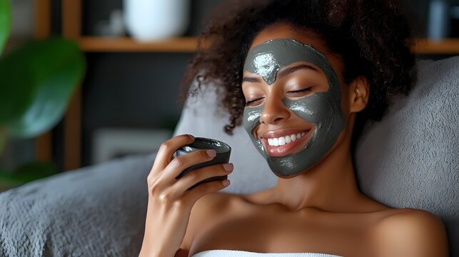 Young African American woman with natural curly hair enjoying clay face mask while relaxing on couch with smartphone, self-care skincare routine at home.