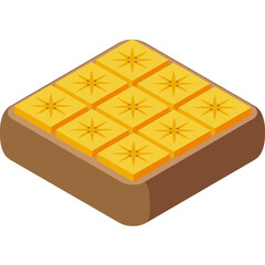 Isometric illustration of a banana split dessert with nine banana slices arranged in a grid on a brown base with a transparent background