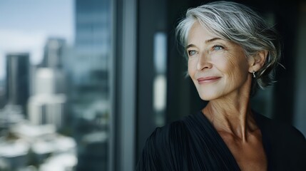 Elegant senior businesswoman with silver hair gazing thoughtfully at urban skyline through office window, representing success and leadership in corporate environment.