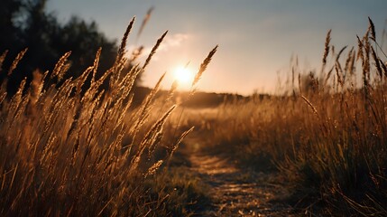 Golden wheat field at sunset with path winding through tall grass, creating serene rural landscape with warm evening light.