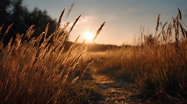 Golden wheat field at sunset with path winding through tall grass, creating serene rural landscape with warm evening light.
