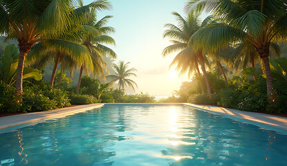 Tropical paradise view of swimming pool surrounded by palm trees at sunset time, 4k and HD image