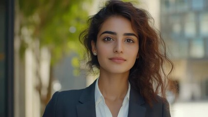 Smiling Asian female executive in business attire standing confidently with hand on hip.