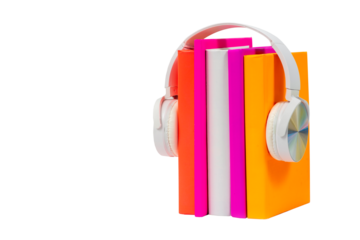 Books with headphones on isolated background. Audiobook concept. Listening to lectures, learning languages, podcast, voicing literature