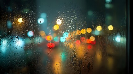 Raindrops on window glass with blurred city lights creating colorful bokeh effect at night, atmospheric urban scene.
