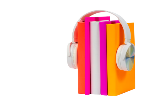 Books with headphones on isolated background. Audiobook concept. Listening to lectures, learning languages, podcast, voicing literature