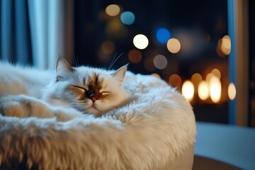 Fluffy cream-colored cat sleeping peacefully in cozy pet bed with fireplace and bokeh lights in background, creating warm evening ambiance.