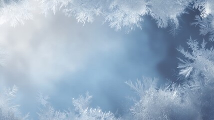 Frosty Ice Patterns in Winter, Blue Background with Delicate Snowflakes Framing the Scene, Perfect for Seasonal Designs and Winter Themes