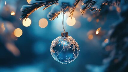 A blue ornament hanging from a branch on a lit tree, conveying the festive spirit of Christmas time.