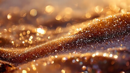 Luxurious golden glitter texture with bokeh effect and sparkling particles creating elegant festive background for luxury product photography.