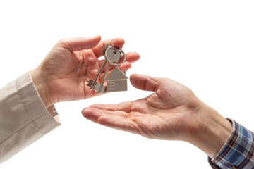 Woman's hand giving keys to hand of man in a checkered shirt on an isolated background. Concept of sale of real estate, rent of housing