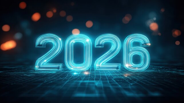 Futuristic digital representation of the year 2026 in glowing blue neon style with abstract light elements and a tech-inspired background