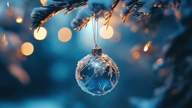 A blue ornament hanging from a branch on a lit tree, conveying the festive spirit of Christmas time.