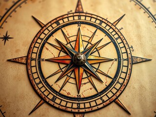 Fototapeta premium Vintage compass rose detail, sepia tones, navigational lines, adventure, antique
