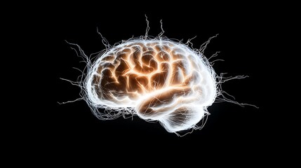 Glowing Human Brain with Neural Energy on Black Background &mdash; Artificial Intelligence, Neuroscience Concept