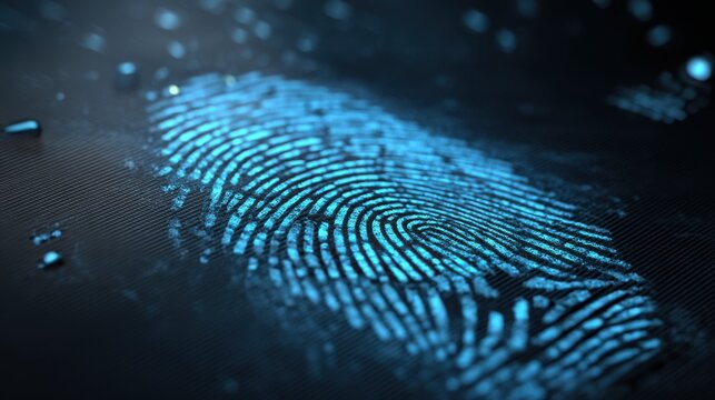 Abstract close-up image of a digital fingerprint in glowing blue tones with bokeh effects representing identity verification and modern security technology
