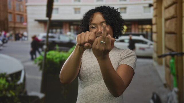 Young african american woman openly and firmly raises middle finger on busy city street; rebellion defiance.