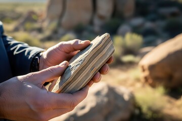 A geologist's hands closely examine a striated rock specimen in a sunlit, arid outdoor setting