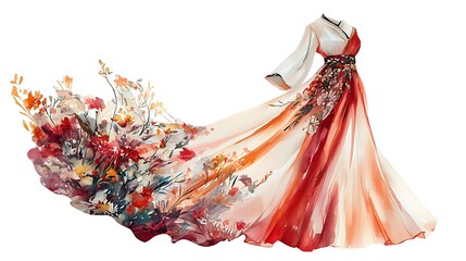 Elegant flowing watercolor dress illustration with floral elements