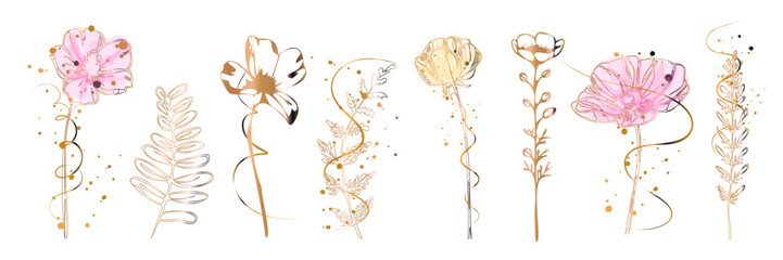 Elegant floral line drawing set with detailed flowers, organic leaves and stylized botanical elements arranged in a refined minimal nature composition.