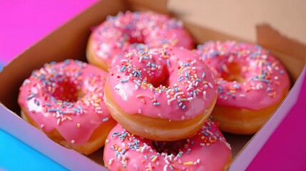 Colorful pink donuts with sprinkles in a box on vibrant background