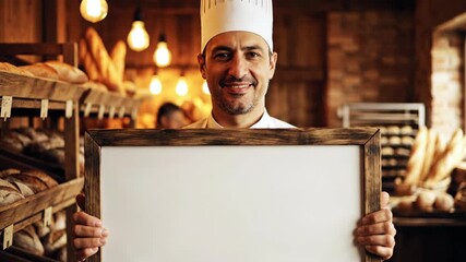 Smiling Baker Chef Holding Blank Signboard in Bakery Shop.