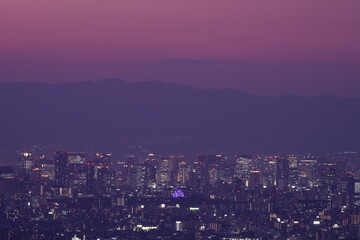 Fototapeta premium 大阪平野夜景とビル街に浮かび上がる紫色にライトアップされた大阪城