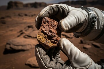Astronaut gloved hands closely examine a ruddy rock sample against the stark, dusty Martian landscape