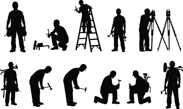 Skilled construction worker and surveyor silhouette set, featuring men with hammer, ladder, level, tools, and total station equipment in various job action vectors.