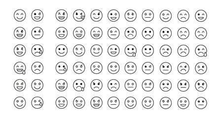 Comprehensive collection of clean line art vector emoji icons depicting a wide spectrum of human emotions for modern digital communication and user interfaces