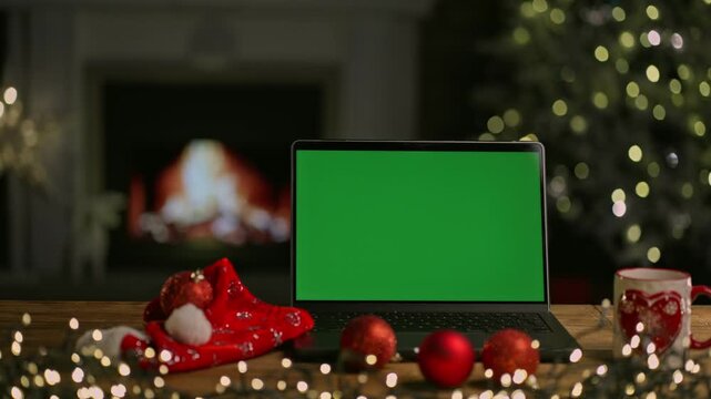 Laptop computer on desk at Christmas. Decorated room with Christmas tree and lights. Cosy winter home with fireplace. Blank green screen for web shop offer and holiday advertisement.