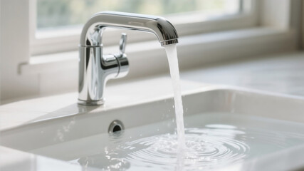 Steel chrome faucet with water flowing into a ceramic sink