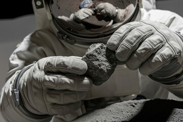 Astronaut in suit closely examines a dark rock sample with gloved hands on the dusty lunar surface