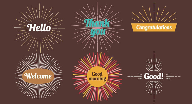 Set of radiant burst text elements with inspirational greetings and positive affirmations