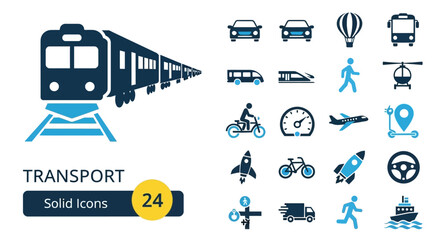 Versatile ensemble of sleek two-tone transportation solid icons, perfect for illustrating movement, logistics, and global travel concepts in digital projects
