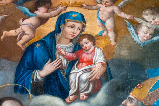 Painting (19th century) of Blessed Virgin Mary holding baby Jesus Christ in her arms.