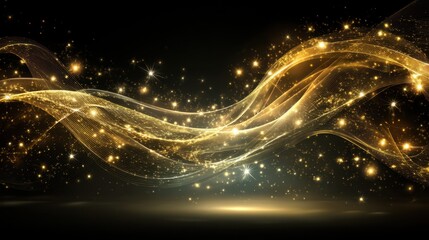 Elegant golden waves with sparkling stars and shimmering effects in a dark background, creating a magical and enchanting atmosphere for any design project