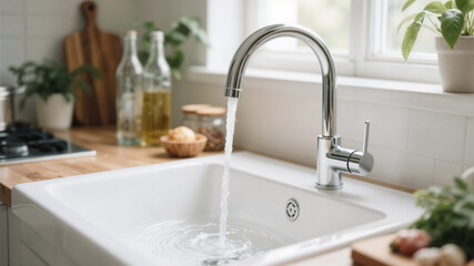 Steel chrome faucet with water flowing into a ceramic sink