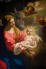 Painting (19th century) of Christmas Nativity Scene with Virgin Mary, Saint Joseph, and Jesus baby.