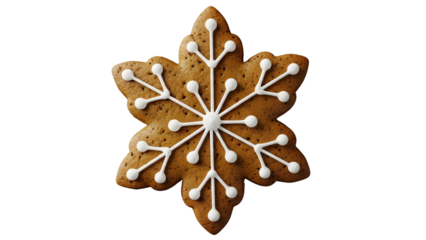 Gingerbread snowflake cookie isolated PNG on transparent background, Christmas holiday treat with white icing decoration Iced Gingerbread Snowflake Cookie PNG – Christmas Season Treat on Transparent 