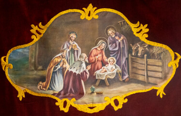Embroidered religious ceremonial banner (19th century) of Christmas Nativity Scene : Adoration of...