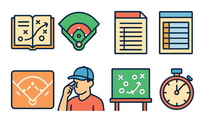 Baseball strategy icon set with field, player, and timer elements