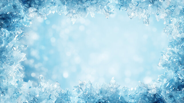 青い氷の結晶と霜のフレーム、凍ったガラスのような質感の冬の背景素材
